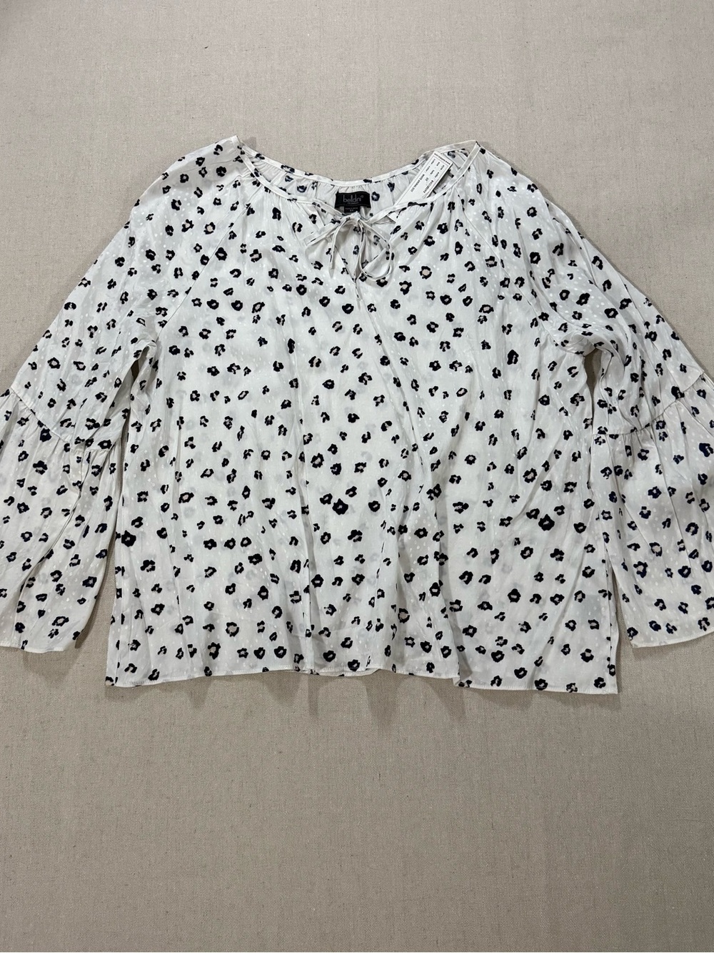 Belldini 2X Leopard Print Tie Neck Blouse White Navy Textured Plus Size